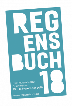 Ein blauer Flyer der die Buchmesse in Regensburg ankündigt