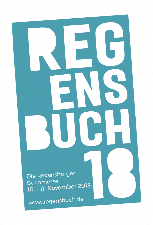 Ein blauer Flyer der die Buchmesse in Regensburg ankündigt