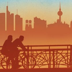 Wo willst du eigentlich hin? Skyline Radfahrer auf Brücke metropolitan